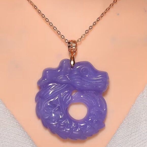 Jewelry - Purple Jade Carved Dragon Pendant Necklace in 14K Rose Gold/Sterling Silver